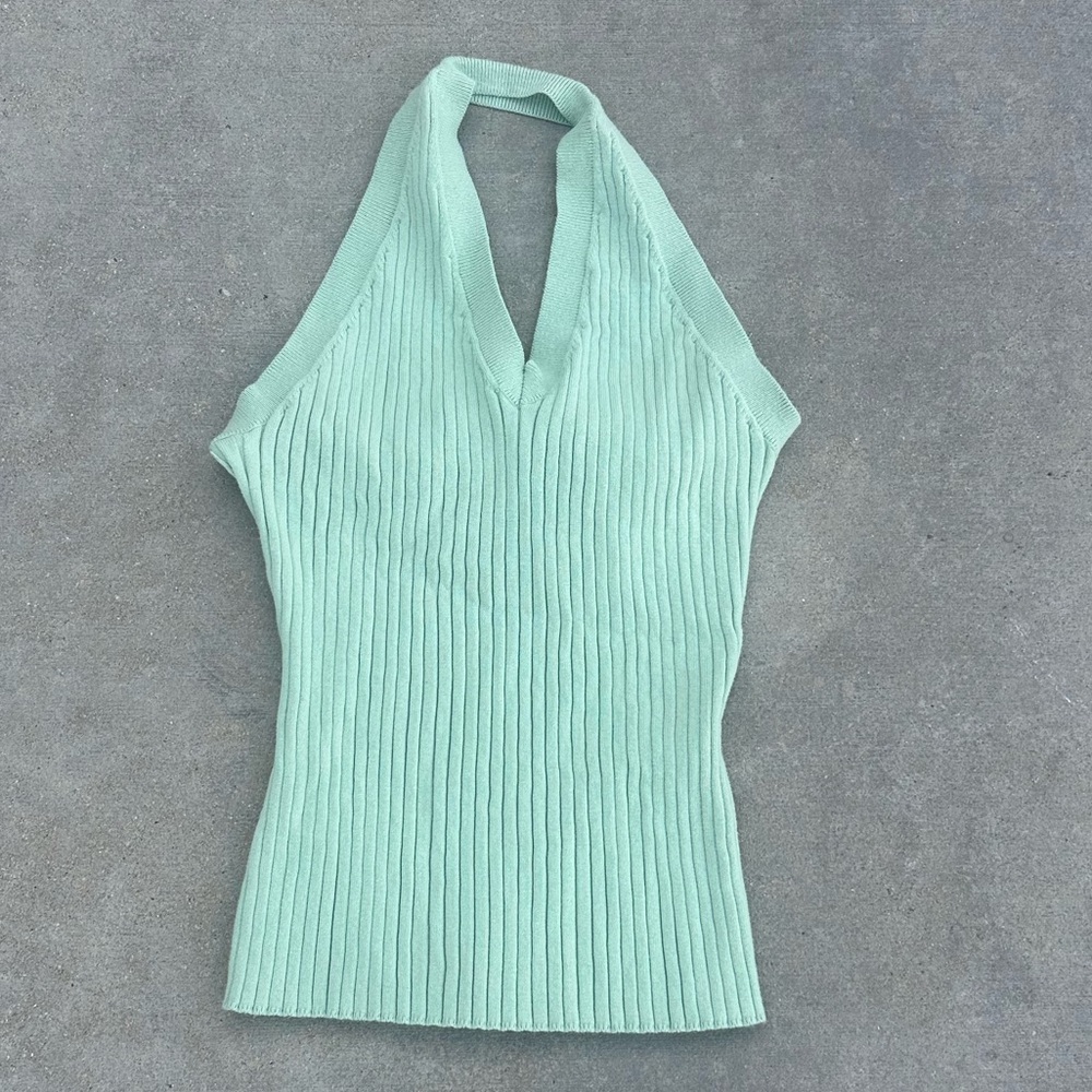 Loft y2k 2000s knitted halter top strapless tube top green knit tank